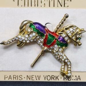 Vintage Carousel Horse Rhinestone Brooch, Red Green Enamel, Taiwan, 2 Inches